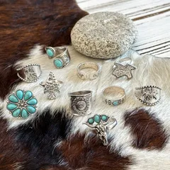 Vintage Carved Oval Imitation Turquoise Ring Set Of 10 Cross Heart Design Zinc Alloy Women's Rings