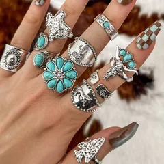 Vintage Carved Oval Imitation Turquoise Ring Set Of 10 Cross Heart Design Zinc Alloy Women's Rings 2