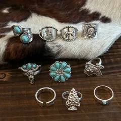 Vintage Carved Oval Imitation Turquoise Ring Set Of 10 Cross Heart Design Zinc Alloy Women's Rings 3