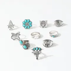 Vintage Carved Oval Imitation Turquoise Ring Set Of 10 Cross Heart Design Zinc Alloy Women's Rings 4
