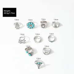 Vintage Carved Oval Imitation Turquoise Ring Set Of 10 Cross Heart Design Zinc Alloy Women's Rings 5