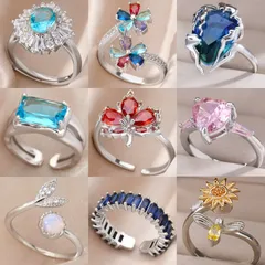 Vintage Colorful Gemstone Zircon White Gold Ring Women's Fashion 18K Gold Plated Jewelry Ring