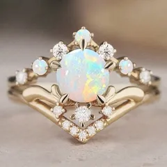 Vintage Style Crown Ring For Women In Golden Metal With October Birthstone Opal Featuring Electroplated Craftsmanship