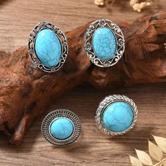 Vintage Distressed Court Style Bohemian Exaggerated Personality Alloy Round Open Ring For Women Water Plated White K Turquoise