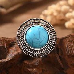 Vintage Distressed  Court Style Bohemian Exaggerated Personality Alloy Round Open Ring For Women Water Plated White K Turquoise 2