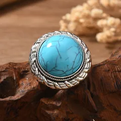 Vintage Distressed  Court Style Bohemian Exaggerated Personality Alloy Round Open Ring For Women Water Plated White K Turquoise 3
