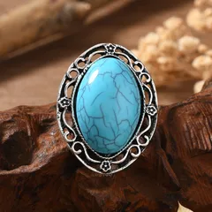 Vintage Distressed  Court Style Bohemian Exaggerated Personality Alloy Round Open Ring For Women Water Plated White K Turquoise 4
