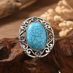 Vintage Distressed  Court Style Bohemian Exaggerated Personality Alloy Round Open Ring For Women Water Plated White K Turquoise 5