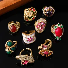 Vintage Style Flowers Ring For Women In Copper Alloy Featuring Natural Stone Inlay And Enamel Craftsmanship