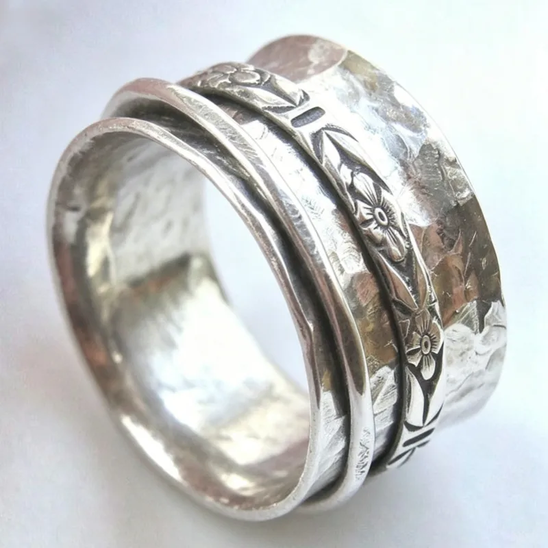 Vintage Style Geometric Wide Band Ring For Women In Silver Alloy With Zircon Inlay 5