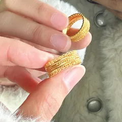 Vintage Style Grain Pattern Copper Ring For Women With Gold Electroplated Finish