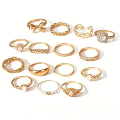 Vintage Style Heart Shape Ring For Women In Gold Alloy, Electroplated Finish, 1 Set 4
