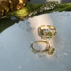 Vintage Mid-Century Women's Ring Olive Green Zircon Open Ring Luxury French Style Alloy Geometric Pattern Round Printing