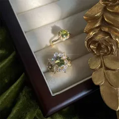 Vintage Mid-Century Women's Ring Olive Green Zircon Open Ring Luxury French Style Alloy Geometric Pattern Round Printing 2
