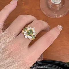 Vintage Mid-Century Women's Ring Olive Green Zircon Open Ring Luxury French Style Alloy Geometric Pattern Round Printing 4