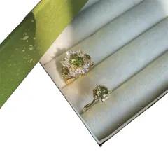 Vintage Mid-Century Women's Ring Olive Green Zircon Open Ring Luxury French Style Alloy Geometric Pattern Round Printing 5