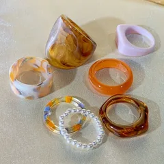 Vintage Style Resin Rings For Unisex Featuring Caramel Color, Set Of 7 Pieces 2
