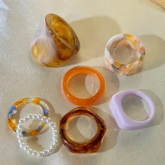 Vintage Style Resin Rings For Unisex Featuring Caramel Color, Set Of 7 Pieces 3