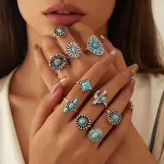 10 Pieces Vintage Style Flowers Rings For Women Featuring Turquoise Inlay And Metal Material