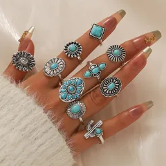 10 Pieces Vintage Style Flowers Rings For Women Featuring Turquoise Inlay And Metal Material 2
