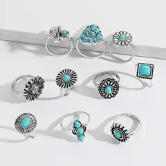 10 Pieces Vintage Style Flowers Rings For Women Featuring Turquoise Inlay And Metal Material 3