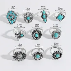 10 Pieces Vintage Style Flowers Rings For Women Featuring Turquoise Inlay And Metal Material 4