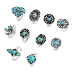 10 Pieces Vintage Style Flowers Rings For Women Featuring Turquoise Inlay And Metal Material 5