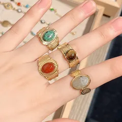 Vintage Style Geometric 304 Stainless Steel Natural Stone Women's Open Rings