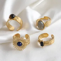 Vintage Style Geometric 304 Stainless Steel Natural Stone Women's Open Rings 4