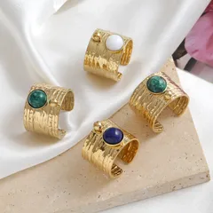 Vintage Style Geometric 304 Stainless Steel Natural Stone Women's Open Rings 5