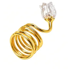 Vintage Style Tulips Ring For Women In Gold Metal Featuring Electroplated Craftsmanship 5