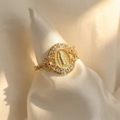 Virgin Mary Open Ring For Women In Copper With 18K Real Gold Electroplated And Zircon Inlay