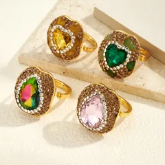Water Droplets Open Ring For Women, 1 Pc Package, Alloy With 14K Real Gold Plated 0.03µm Thickness And Glass Inlay 2