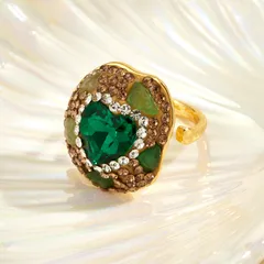 Water Droplets Open Ring For Women, 1 Pc Package, Alloy With 14K Real Gold Plated 0.03µm Thickness And Glass Inlay 3