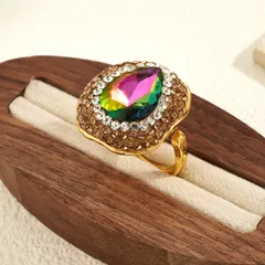Water Droplets Open Ring For Women, 1 Pc Package, Alloy With 14K Real Gold Plated 0.03µm Thickness And Glass Inlay 5