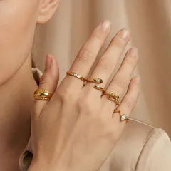 Water Droplets Ring For Women In 304 Stainless Steel With 18K Gold Plated Finish And Rhinestones, 0.03µm-0.05µm Coating