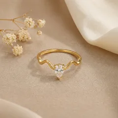 Water Droplets Ring For Women In 304 Stainless Steel With 18K Gold Plated Finish And Rhinestones, 0.03µm-0.05µm Coating 5