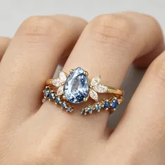 Water Droplets Rings For Women In Royal Blue Featuring September Birthstone Sapphire With Golden Plated Alloy, 1 Pair 3