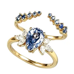 Water Droplets Rings For Women In Royal Blue Featuring September Birthstone Sapphire With Golden Plated Alloy, 1 Pair 5