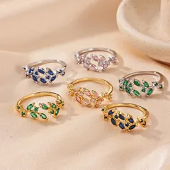 Waterproof Non Tarnish Leaf Open Ring For Women In 18K Gold Plated Copper With Zircon Inlay And Vacuum Plating