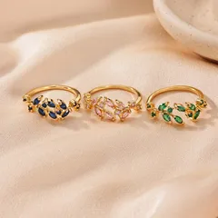 Waterproof Non Tarnish Leaf Open Ring For Women In 18K Gold Plated Copper With Zircon Inlay And Vacuum Plating 2