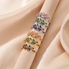Waterproof Non Tarnish Leaf Open Ring For Women In 18K Gold Plated Copper With Zircon Inlay And Vacuum Plating 3
