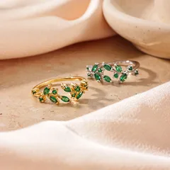 Waterproof Non Tarnish Leaf Open Ring For Women In 18K Gold Plated Copper With Zircon Inlay And Vacuum Plating 5