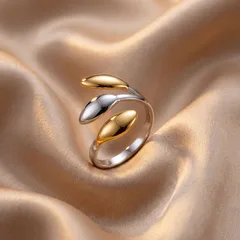 Waterproof Non Tarnish Leaves Open Rings For Women In Golden Plated Titanium Steel With Electroplated Finish
