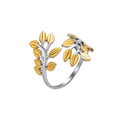 Waterproof Non Tarnish Leaves Open Rings For Women In Multicolor Titanium Steel With Electroplated Gold Plating 3