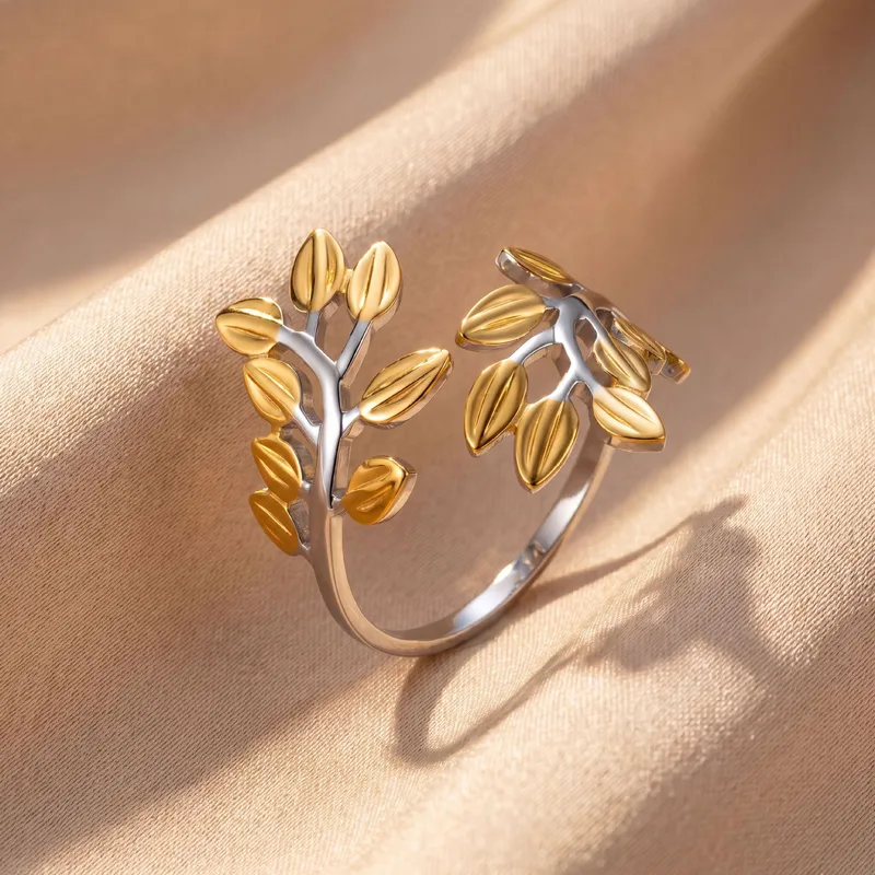 Waterproof Non Tarnish Leaves Open Rings For Women In Multicolor Titanium Steel With Electroplated Gold Plating 4