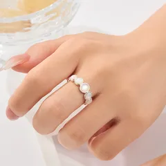 Waves Open Rings For Women In Silver Copper Alloy With Mother-of-pearl Shell Inlay, Featuring Electroplated Finish 2