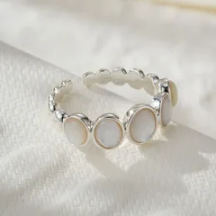 Waves Open Rings For Women In Silver Copper Alloy With Mother-of-pearl Shell Inlay, Featuring Electroplated Finish 4