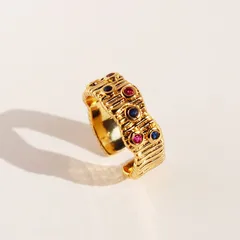 Geometric Irregular Open Ring For Women In Brass With Zircon Inlay, Adjustable Size 2