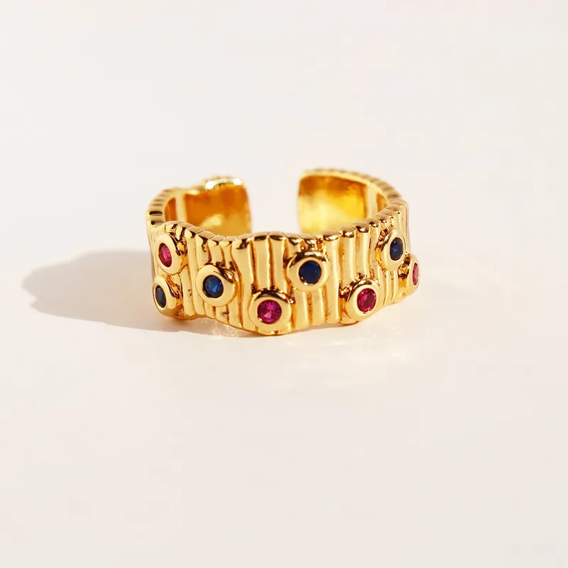 Geometric Irregular Open Ring For Women In Brass With Zircon Inlay, Adjustable Size 5